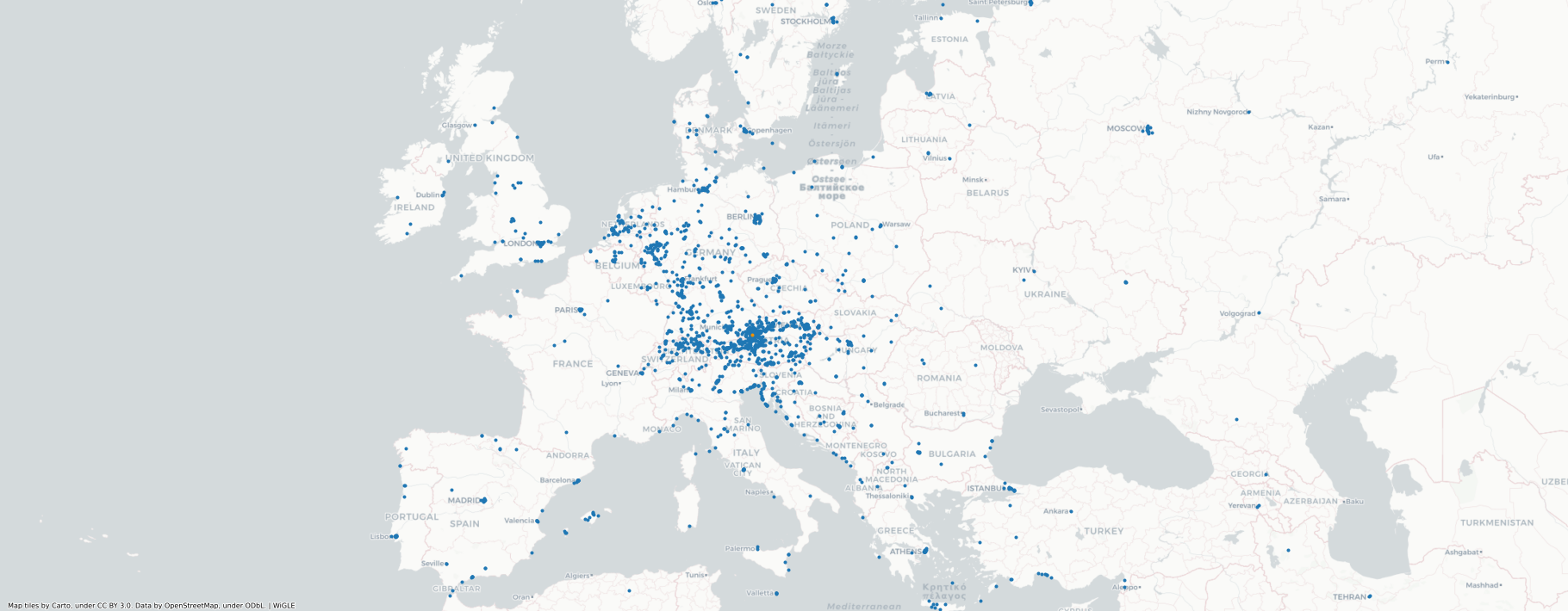 Europakarte mit Aufenthaltsorten als Punkte